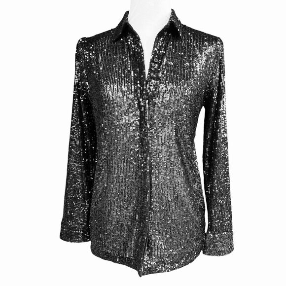 NWT Express Portofino Black Sequined  Button Up Shirt Blouse XS - Picture 1 of 6